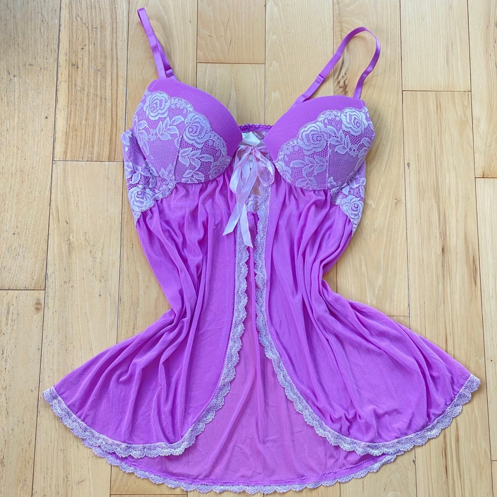 Jessica Simpson Sexy Coquette Purple Babydoll Romantic Lace Pushup Chemise-Large